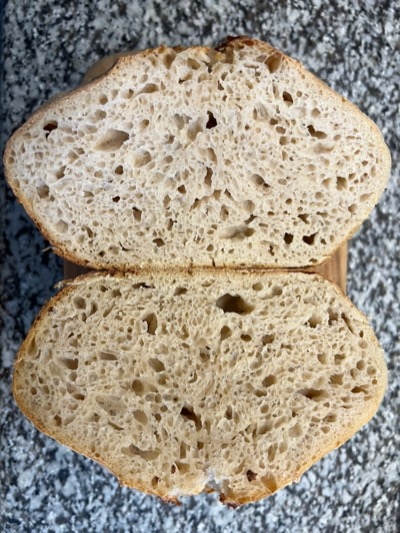 Sliced sourdough boule showing the open crumb